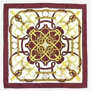 Hermes Eperon d'Or Carre 90 100% Silk Scarf in Maroon, White and Yellow